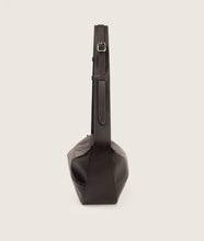 Load image into Gallery viewer, Furoshiki Crossbody Bag M Smooth Cow Leather Brown I side view I showing belt detail on strap I white background