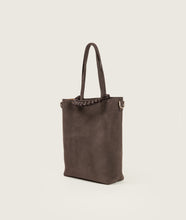Load image into Gallery viewer, Pazar I Pazar Tote Nano Suede Cacao I cacao I side view I showing iconic SAGAN closing system and strap detail I white background