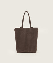 Load image into Gallery viewer, Pazar I Pazar Tote Nano Suede Cacao I cacao I back view I showing iconic SAGAN closing system and strap detail I white background
