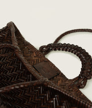 Load image into Gallery viewer, Woven I Pazar Tote Boat Handwoven I brown I inside view, detail SAGAN Logo I showing the iconic closure I white background