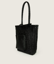 Load image into Gallery viewer, Woven I Pazar Book Tote Handwoven I black I from aside I showing the iconic SAGAN closure strap and the front Book pocket I white background