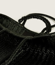Load image into Gallery viewer, Woven I Pazar Book Tote Handwoven I black I inside view I showing the iconic SAGAN closure strap and the inside SAGAN Logo I white background