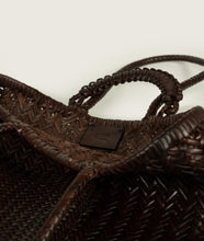 Load image into Gallery viewer, Woven I Pazar Book Tote Handwoven I brown I inside view I showing the iconic SAGAN closure strap and the inside SAGAN Logo I white background