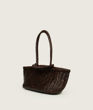 Load image into Gallery viewer, Woven I Pazar Tote Boat Handwoven I brown I from aside I showing the iconic closure I white background