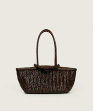 Load image into Gallery viewer, Woven I Pazar Tote Boat Handwoven I brown I front view I showing the iconic closure I white background