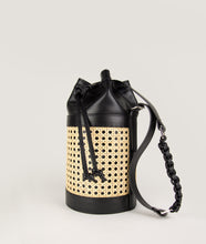 Load image into Gallery viewer, Vienna bucket bag, size M in black from Italian calf leather. Short signature hand knotted handle with additionally long thin removable shoulder strap. Inner pocket. D-key ring.