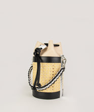 Load image into Gallery viewer, The Vienna bucket bag, size S in tricolor from Italian calf leather. Short signature hand knotted handle with additionally long thin removable shoulder strap. Inner pocket. D-key ring.