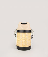 Load image into Gallery viewer, The Vienna bucket bag, size S in tricolor from Italian calf leather. Short signature hand knotted handle with additionally long thin removable shoulder strap. Inner pocket. D-key ring.