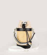 Load image into Gallery viewer, The Vienna bucket bag, size S in tricolor from Italian calf leather. Short signature hand knotted handle with additionally long thin removable shoulder strap. Inner pocket. D-key ring.