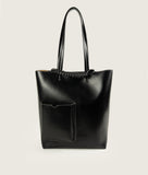 Load image into Gallery viewer, Pazar I Pazar Book Tote Grape Leather I Black with white Stitching I showing the iconic closure system and the outside book pocket I also showing the even more stable straps I white background