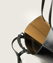 Load image into Gallery viewer, Pazar I Pazar Book Tote Grape Leather I Black with white Stitching I inside view I showing the iconic closure system and the inner pocket I white background