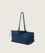 Load image into Gallery viewer, Pazar I Pazar Tote Boat I suede denim I showing iconic SAGAN closing system I side view I white background