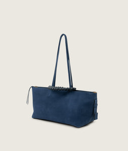 Pazar I Pazar Tote Boat I suede denim I showing iconic SAGAN closing system I side view I white background