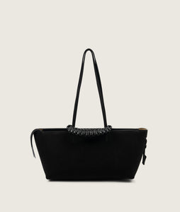 Pazar I Pazar Tote Boat I suede black I showing iconic SAGAN closing system I front view I white background