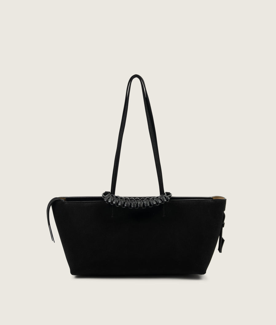 Pazar I Pazar Tote Boat I suede black I showing iconic SAGAN closing system I front view I white background