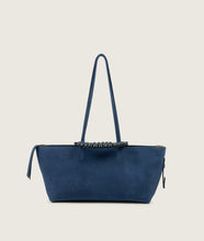 Load image into Gallery viewer, Pazar I Pazar Tote Boat I suede denim I showing iconic SAGAN closing system I front view I white background