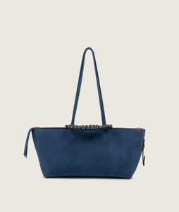 Pazar I Pazar Tote Boat I suede denim I showing iconic SAGAN closing system I front view I white background
