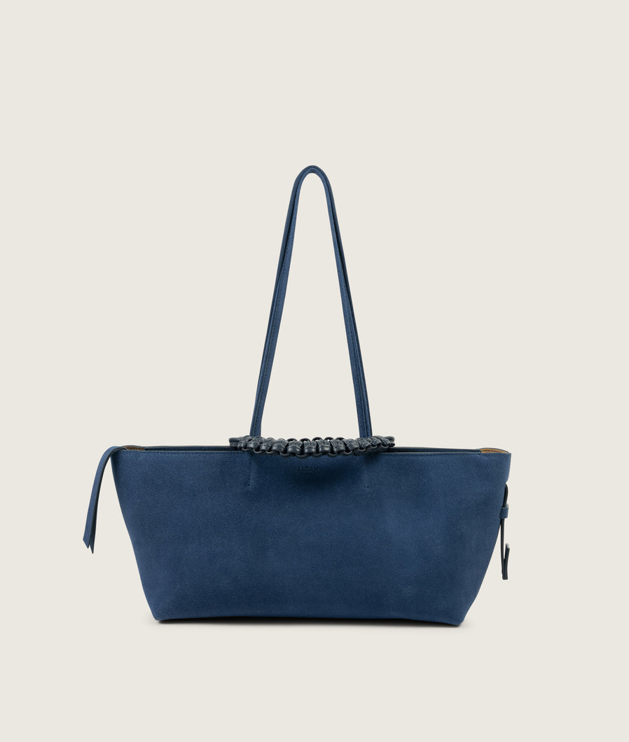 Pazar I Pazar Tote Boat I suede denim I showing iconic SAGAN closing system I front view I white background