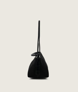 Pazar I Pazar Tote Boat I suede black I showing iconic SAGAN closing system I side view I white background