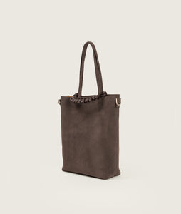 Pazar I Pazar Tote Nano Suede Cacao I cacao I side view I showing iconic SAGAN closing system and strap detail I white background
