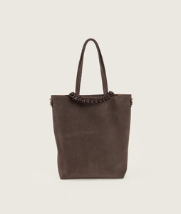 Pazar I Pazar Tote Nano Suede Cacao I cacao I front view I showing iconic SAGAN closing system and strap detail I white background