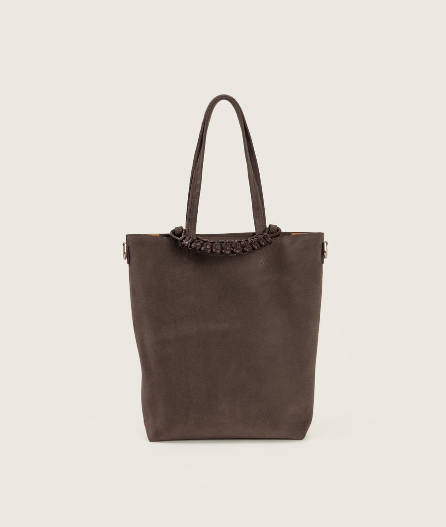 Pazar I Pazar Tote Nano Suede Cacao I cacao I front view I showing iconic SAGAN closing system and strap detail I white background