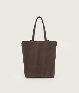 Pazar I Pazar Tote Nano Suede Cacao I cacao I back view I showing iconic SAGAN closing system and strap detail I white background