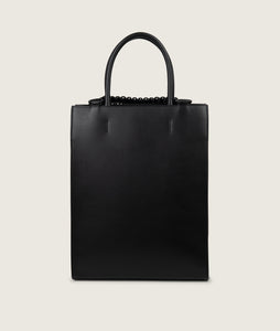 Pazar Magazine Tote Black I back view I showing the signature braided handle I white background