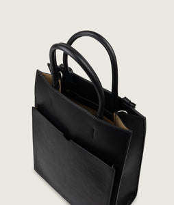 Pazar Magazine Tote Black I top inside view I showing the magazine pocket and the signature braided handle I white background