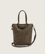 Load image into Gallery viewer, Pazar Tote Nano Antique Brown I front view I showing strap detail I white background