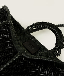 Woven I Pazar Tote Boat Handwoven I black I inside view, detail SAGAN Logo I showing the iconic closure I white background