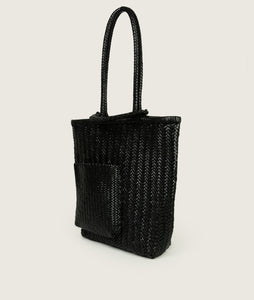 Woven I Pazar Book Tote Handwoven I black I from aside I showing the iconic SAGAN closure strap and the front Book pocket I white background 