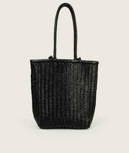 Woven I Pazar Book Tote Handwoven I black I back view I showing the iconic SAGAN closure strap and the front Book pocket I white background 