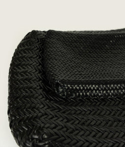 Woven I Pazar Book Tote Handwoven I black I detail view I showing the woven structure and the front book pocket I white background 