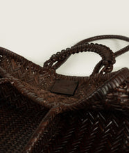 Load image into Gallery viewer, Woven I Pazar Book Tote Handwoven I brown I inside view I showing the iconic SAGAN closure strap and the inside SAGAN Logo I white background 