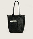 Load image into Gallery viewer, Woven I Pazar Book Tote Handwoven I black I front view I showing the iconic SAGAN closure strap and the front Book pocket I white background 