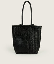 Load image into Gallery viewer, Woven I Pazar Book Tote Handwoven I black I front view I showing the iconic SAGAN closure strap and the front Book pocket I white background 