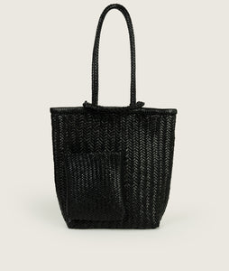 Woven I Pazar Book Tote Handwoven I black I front view I showing the iconic SAGAN closure strap and the front Book pocket I white background 