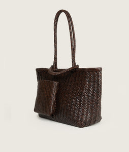 Woven I Pazar Book Tote Wide Handwoven Brown I side view I white background