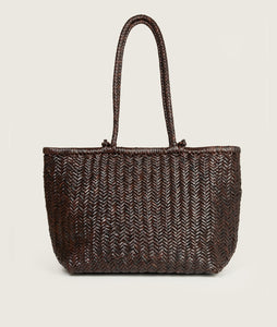 Woven I Pazar Book Tote Wide Handwoven Brown I back view I white background