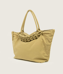 Nylon I Pazar Tote XL Beige plant dyed nylon I beige I from aside I showing the iconic SAGAN closure strap I white background