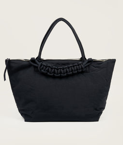 Nylon I Pazar Tote XL I charcoal black plant dyed japanese nylon I front view I showing the iconic SAGAN closure strap I white background