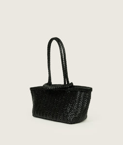 Woven I Pazar Tote Boat Handwoven I black I from aside I showing the iconic closure I white background