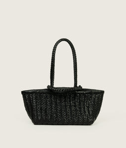 Woven I Pazar Tote Boat Handwoven I black I front view I showing the iconic closure I white background