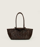 Load image into Gallery viewer, Woven I Pazar Tote Boat Handwoven I brown I front view I showing the iconic closure I white background