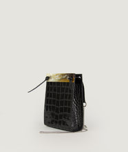 Load image into Gallery viewer, Gwyneth bag, size S, black, made from Italian calf leather with croco effect embossed. The front plate is made from cow horn. Fine chain shoulder strap. The shoulder strap is also in the function of easy closing and opening the bag. This size is suitable for all iPhone sizes. Modern and elegant.