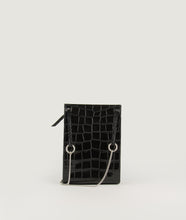Load image into Gallery viewer, Gwyneth bag, size S, black, made from Italian calf leather with croco effect embossed. The front plate is made from cow horn. Fine chain shoulder strap. The shoulder strap is also in the function of easy closing and opening the bag. This size is suitable for all iPhone sizes. Modern and elegant.