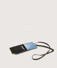画像をギャラリービューアに読み込む, Modular phone/card case, re-used denim, vegan grape leather, adjustable strap, slide partition for mobile phone, cards and bills.
