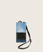 画像をギャラリービューアに読み込む, frontview of phone/card case, re-used denim, vegan grape leather, adjustable strap, slide partition for mobile phone, cards and bills.