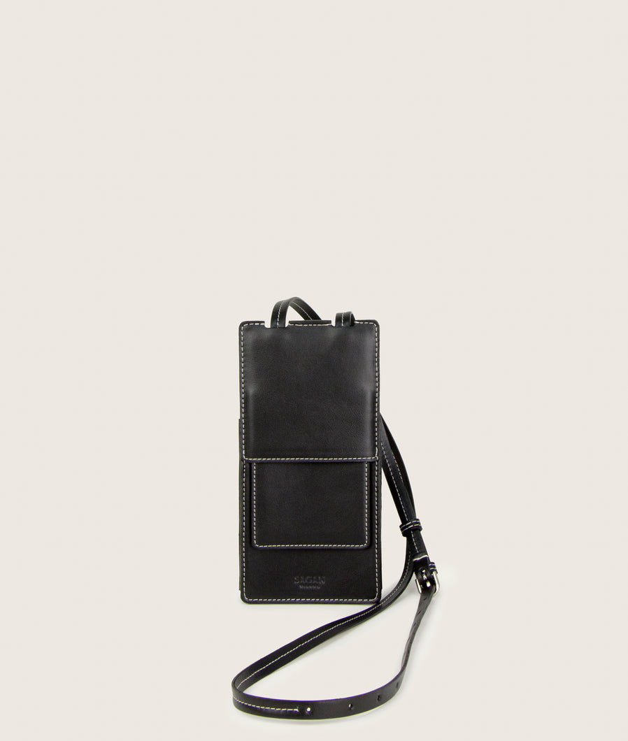 Front view Modular phone/card case, black, made from grape leather. Sustainable and vegan. Partition on the back for a mobile phone, slide partition on the front for cards and bills.